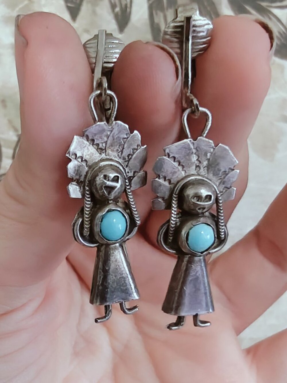 Vintage Native American 925 Silver Turquoise Kachina Dancer Clip On Earrings